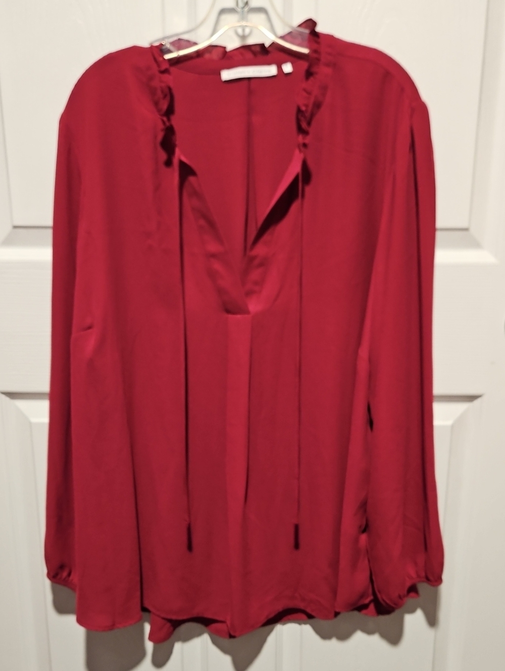 Violet & Claire Crimson V-Neck Ruffle Tie Blouse